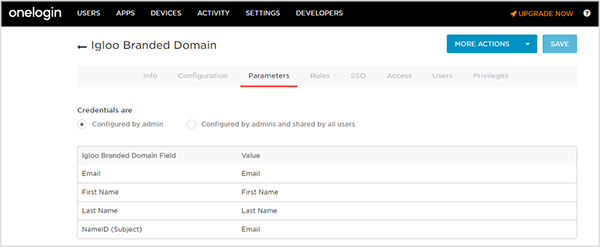 The parameters tab showing attribute mappings.